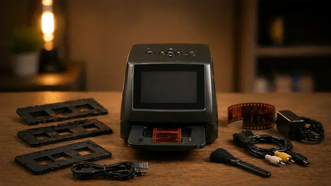 35mm film scanner with accessories on table for digitizing old negatives and slides