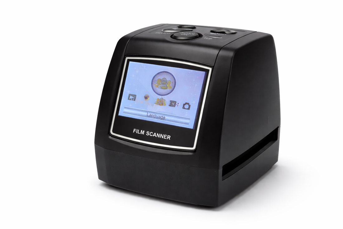 Negative Scanner device with built-in screen on white background for digitizing film negatives