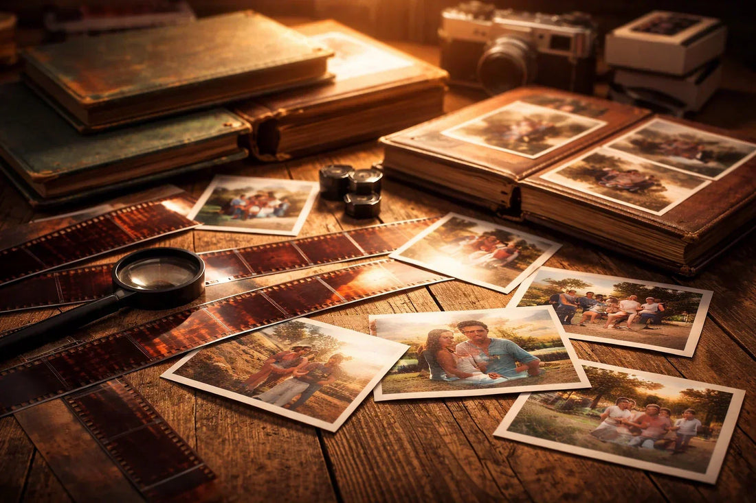 Best film negative scanner use with old negatives and printed photos on table