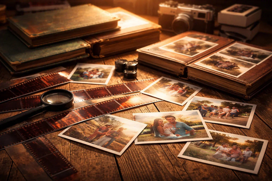 Best film negative scanner use with old negatives and printed photos on table