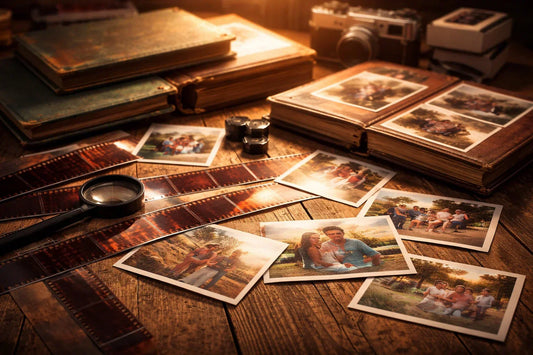 Best film negative scanner use with old negatives and printed photos on table