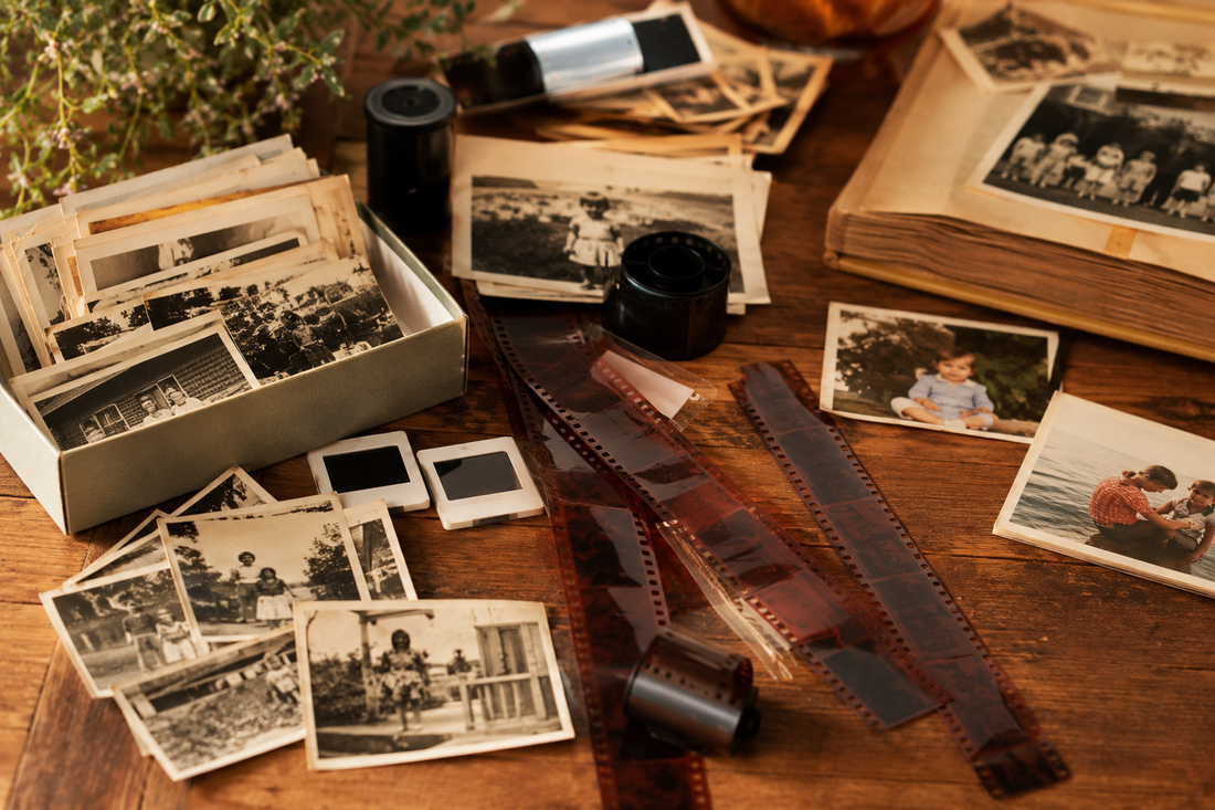 Film negative scanner with old 35mm film negatives and vintage family photographs on a wooden table at home