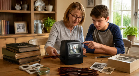 Family using Memory Vault Box for negative photo scanning at home